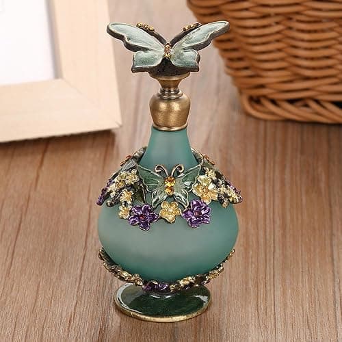 Rayberro Green Butterfly Vintage Perfume Bottle, Crystal Rhinestone Inlayed Decorative Perfume Bottles, 25ML Empty Refillable Essential Oils Dropper Bottle, Glass Perfume Bottles for Women Girl Gift thumbnail 7