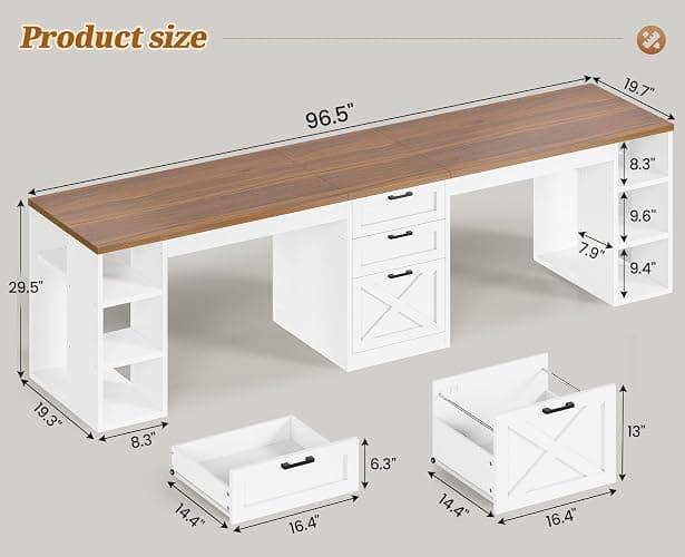 SEDETA Farmhouse 96.5" Computer Desk with Drawers, 2 Person Home Office Desk, Gaming Double Desk with Storage Shelves, Long Two Person Writing Desk (White and Brown) thumbnail 2
