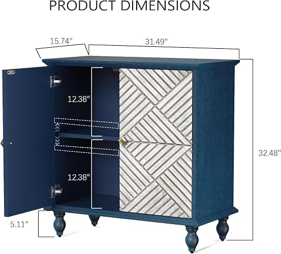 BHAODEAL Antique Wood Carved Accent Cabinet with 2 Doors, Rustic Sideboard Buffet Cabinet with Storage, Antique Credenza for Living Room Entryway Kitchen (Navy Blue) thumbnail 2