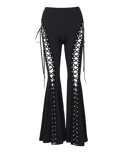 xxxiticat Women's Lace Up Pants High Waist Bandage Criss Cross Bandage Tie Up Cutout Gothic Flared Bell-Bottom Trousers thumbnail 4
