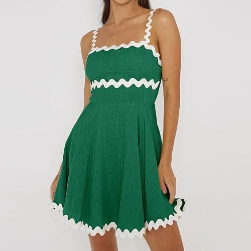 Senllen Womens Summer Flowy Mini Dress 2026 Casual Spaghetti Straps Sleeveless Smocked Backless Swing Wave Trim Sundress thumbnail 2