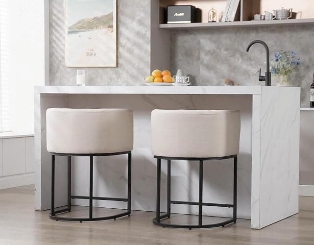 RIVOVA Contemporary Cream Linen Bar Stools Set of 3, 24" Upholstered Fabric Counter Height Barstools Kitchen Counter Island Stools with Screwed Together Black Metal Base thumbnail 7
