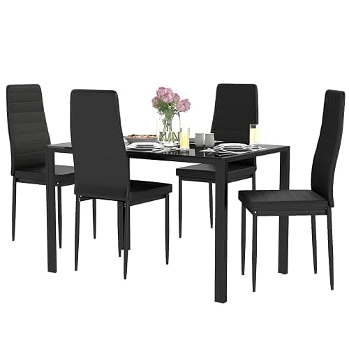 FDW | Dining Table Set for 4 | 5-Piece Glass Black Dining Table | Kitchen Table with 4 Upholstered Chairs and Faux Leather Cushions | Space-Saving and Modern Design | for Dining Room, Easy to Assemble - Image 1