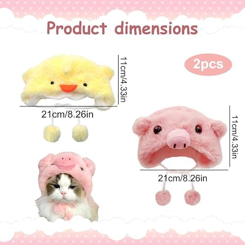 FOSDICK Cat Hat with Ear Holes Soft Plush Chick Pig Design Hats for Cats Funny Hat Cat Outfit Kitten Costume Warm Winter Accessory Soft Small Pet Headwear for Photoshoots and Parties (Yellow, Pink) thumbnail 2