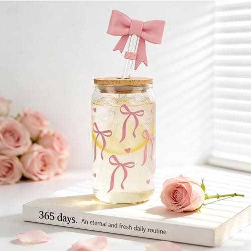 Mason Life Bow Glass Cup 18 OZ with Designs, Pink Bow Cup for Preppy Stuff, Cute Tumbler with Straw Cover & Keychain for Women Teen Girls Iced Coffee, Matcha and Smoothies thumbnail 6
