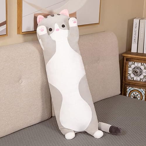 Rexinc Long Gray Cat Plush Pillow Toy Sleeping Pillow Cute Cartoon Cat Stuffed Animals Soft Long Body Pillow Gift for Kids(35.43in) thumbnail 2