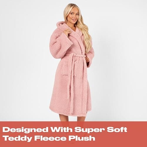 OHS Womens Dressing Gowns Teddy Fleece, Warm Cosy Fluffy Dressing Gown Bathrobes Women Hooded Luxury Oversized Ladies Mens Dressing Gown, One Size thumbnail 6