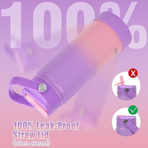 Mininoo Insulated Stainless Steel Kids Water Bottle for School with Straw Lid & Strap, 50 Stickers, 18 oz(Purple/Pink) thumbnail 4