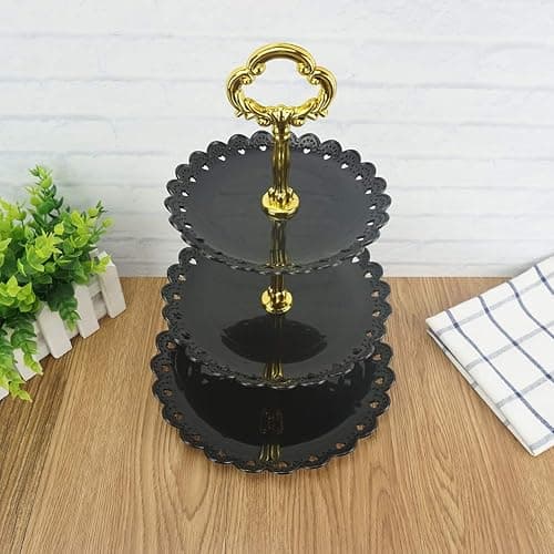 Artliving 3-Tier Plastic Cake Stand Dessert Stand Cupcake Stand Tea Party Serving Platter Black Gold thumbnail 5