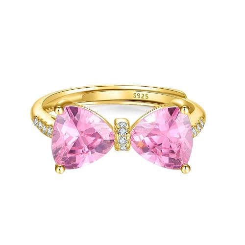 AIBELOPY Pink Bow Rings for Women 925 Sterling Silver 14K Gold Plated Cute Dainty Cubic Zirconia Promise Rings for Her Open Adjustable Stackable Rings Jewelry Birthday Mothers Day Gifts for Her - Image 1