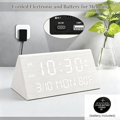 Kogonee Wooden Digital Alarm Clock, 0-100% Dimmer, 2 Alarm Settings, Weekday/Everyday Mode, 9 Mins Snooze, 12/24H, Temperature and Date Display for Office, Travel, Bedroom Alarm Clock (White) thumbnail 2