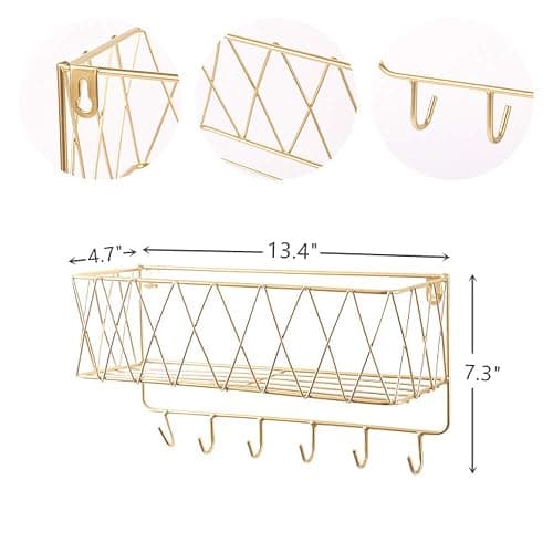 YCOCO Wall Key Holder, Decorative Metal Wire Mesh Mail Storage Basket with 6 Hooks for Letters, Keys, Dog Leashes - Easy to Organize Entryway and Hallway thumbnail 3