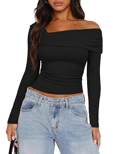 Darong Women's One Off Shoulder Long Sleeve Tops Ruched Going Out Crop Shirts Slim Fit Y2K Tee Blouse thumbnail 3