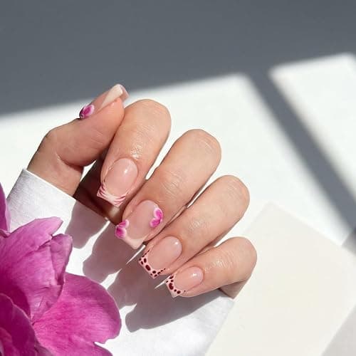 Handmade Short Square French Press On Nails,Reusable&Salon Quality(Y207, M) | 10Pcs Daily & Party Fake Nails | Easy Apply & Remove | Nude Pink Press Ons with 3D Pink Flowers, Line & Dot French Accents thumbnail 3