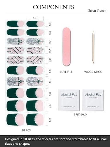 AutyaMee Semi Cured Gel Nail Strips (Green French), Christmas Silver Glitter, Bow, 20 Pcs Gel Nail Wraps, Stickers, Salon Quality, Works with Any UV Lamps thumbnail 3