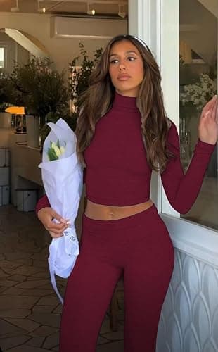 ZFLM Casual Workout Two Piece Outfits Long Sleeve High Waist Fold-Over Flared Leggings Pants Tracksuit Sets Streetwear thumbnail 2