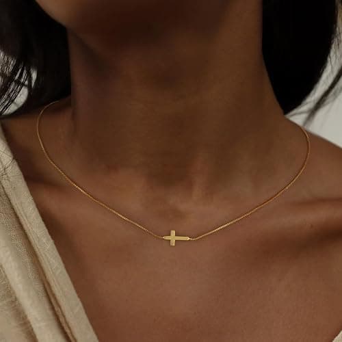 Rotnso Cross Necklace for Women 14K Gold Silver Plated Dainty Small Cross Pendant Choker Simple Trendy Cute Cross Charm Chain Necklace Easter Basket Stuffers Baptism Religious Faith Jewelry Gift thumbnail 2