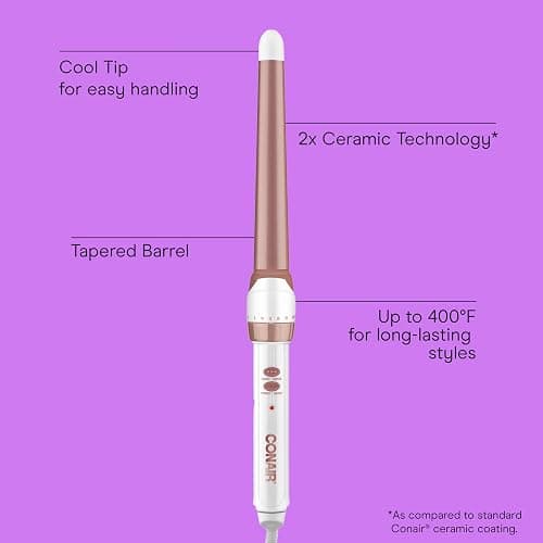 Conair Double Ceramic Tapered Curling Wand, Hair Wand Tapers 1¼ Inch to ¾ Inch to Produce Beachy Waves, 30 Heat Settings, For All Hair Types and Textures, White thumbnail 2