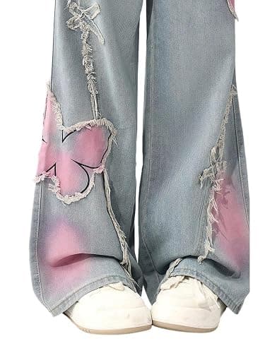 Y2K Baggy Ripped Jeans for Women – Wide Leg Butterfly Print & Star Patch Distressed Denim Pants High Waist Streetwear thumbnail 8