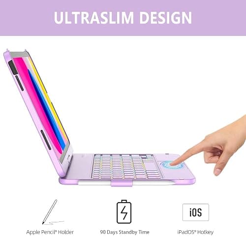 CC Store for iPad (A16) 11th 10th Generation Case with Keyboard - 7 Color Backlit 360° Swivel Multi-Touch Track Pencil Holde for iPad 11-inch A16 2025 10th Gen 10.9 Inch 2022 (Light Purple) thumbnail 6