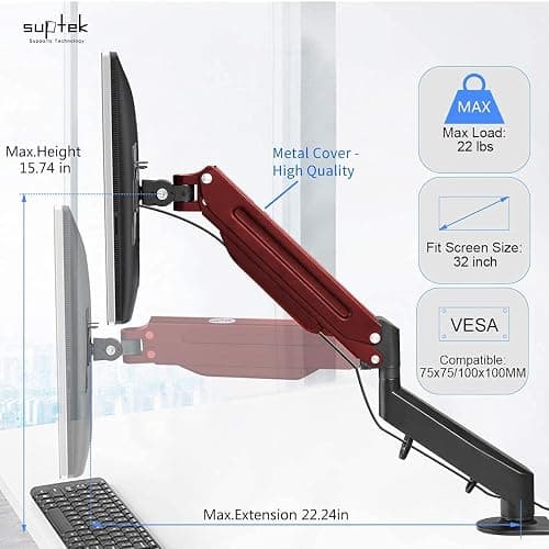 Suptek Monitor Mount Gas Spring Monitor Arm Desk Mount Fully Adjustable Fits 17 20 22 23 24 26 32 inch Monitors Weight Capacity up to 22 lbs thumbnail 2