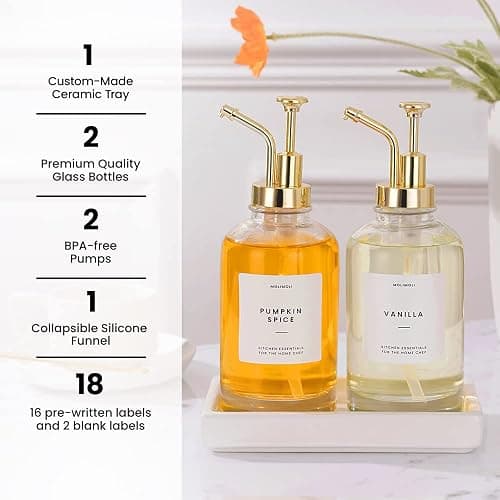 Molimoli Coffee Syrup Dispenser for Coffee Bar with Ceramic Tray, Coffee Pump Dispenser, 500 ml, Set of 2, Gold Upgraded Pump thumbnail 3