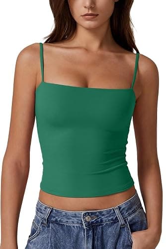 QINSEN Women's Double Lined Basic Tank Top Adjustable Spaghetti Straps Sleeveless Camisole Shirts - Image 1
