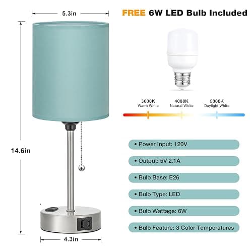 Small Bedside Table Lamp for Bedroom - Desk Lamp with USB Ports for Dorm | USB A+C Ports, AC Outlet, 3 Color Temperatures, LED Bulb Included, Teal Fabric Shade, Sleek Silver Base, 14" Night Stand Lamp thumbnail 5