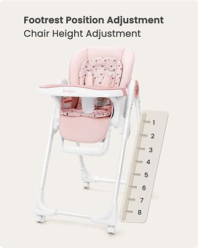 Babilous Foldable High Chair with Soft Cushion, High Chairs for Babies and Toddlers, Height Adjustable Feeding Chair, Adjustable Backrest and Footrest, Lockable Wheels, Star Pink thumbnail 5