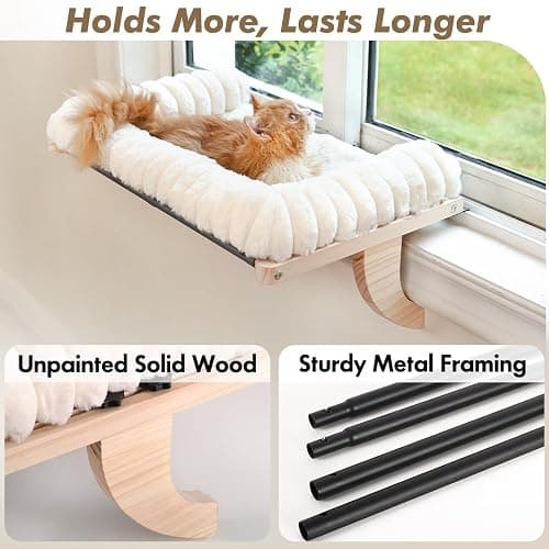 valigogo Cloud-Soft Cat Window Sill Perch with Zipper Designed Cushioned Bed, Supportive Cat Window Seat with Premium Solid Wood & Sturdy Metal Frame, Pet Hammock Bed for Large Cats (Large, White) thumbnail 5