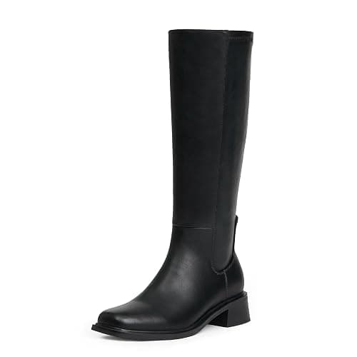 QIY Knee High Boots Women Faux Leather Elastic Boots Low Heel Square Toe Side Zipper Fall Long Tall Boots for Women - Image 1
