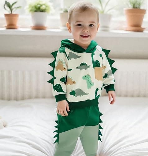 LIOMENGZI Infant Baby Boy Hooded Dinosaur Fall Outfit Contrast Sweatshirt Pant Set Toddler Dinosaur Clothes 6 12 18 Months 2T thumbnail 2