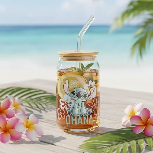 Silver Buffalo Disney Lilo and Stitch Ohana Floral Glass Jar Tumbler with Bamboo Lid and Glass Straw, 16 Ounces thumbnail 2