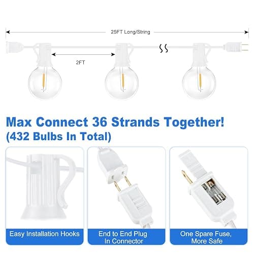 Bosceos Outdoor G40 LED Globe String Lights 25FT Dimmable Shatterproof Waterproof Patio Lights with 12+2 Bulbs Connectable Commercial Hanging Light for Patio Balcony Backyard Party (White Wire) thumbnail 2