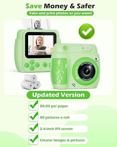 Kids Camera Instant Print - Christmas Birthday Gifts for Girls Boys Age 3-12, 1080P Video Digital Camera with 3 Rolls Printing Paper, Toddler Travel Toy Camera for 4 5 6 7 8 9 10 11 Year Old - Green thumbnail 6