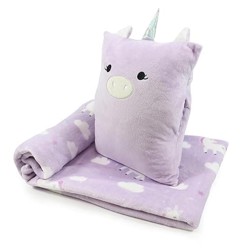 VigorSpring 3-in-1 Kids Travel Blanket and Pillow Set, Snuggle Pillow with Hand Warmer, 40x60 inches Unicorn Blanket for Girls Compact, Perfect for Travel, Camping, Home and Office