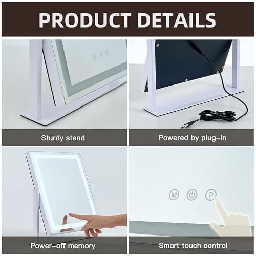 homtang Lighted Makeup Mirror with Smart Touch, 3 Color Modes & Stepless Dimming, for Desk Bedroom Dressing Room, LED Vanity Mirror 13.2" H x 11.2" W thumbnail 5