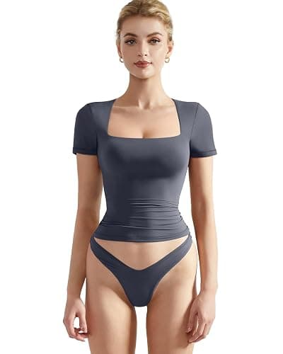 SUUKSESS Women Double Lined Fitted Basic Tee Square Neck Short Sleeve Y2K Crop Top - Image 1