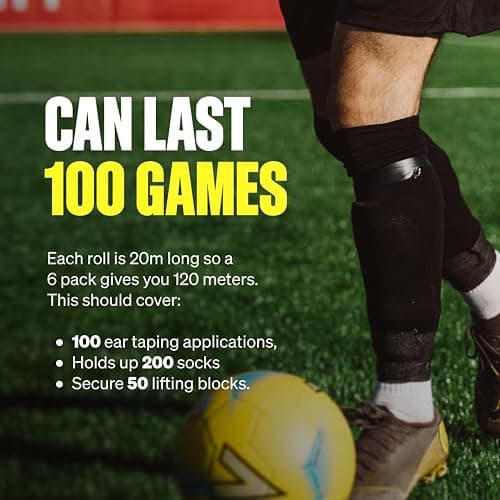 SPORTTAPE 6 Rolls Sock Tape - Black - 1.9cm x 20m | PVC Insulating Tape for Football, Soccer & Rugby - Holds up Football Socks, Shin Pads & Shin Guards | Secures Lifting Blocks, Boots & Ears thumbnail 5