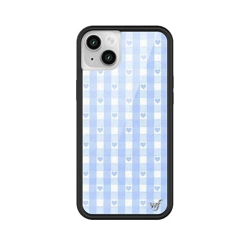 Wildflower Cases - Blue Gingham Hearts, Compatible with Apple iPhone 13/14 | Plaid, Checkered, Unique, Cute, Trendy - Protective Black Bumper, 4ft Drop Test Certified, Women Owned Small Business - Image 1