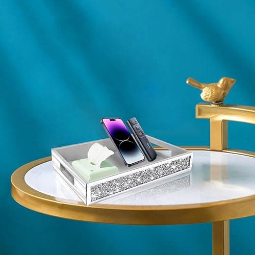 Wocred Mirror Perfume Tray fits Dresser Bedroom,Crushed Diamond Bathroom Tray with Handles，Vanity Tray,Decorative Serving Tray for Coffee Table Decor(14”x 10”x 3”) thumbnail 4