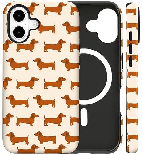 flewfun Magnetic for iPhone 16 Cute Dog Phone Case, Dachshund Dog | Sausage Dog Shockproof Slim TPU and Hard PC Protective Phone Cover Compatible with MagSafe Designed for Pet Lover - Image 1