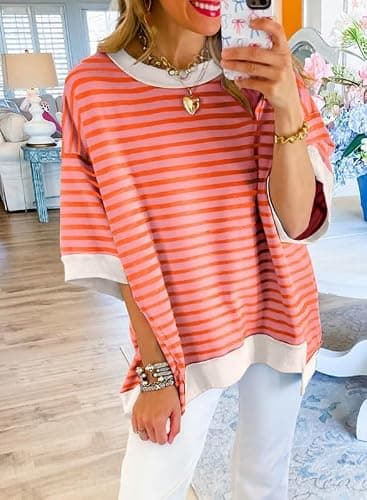 SHEWIN Womens Oversized Tops Crewneck Striped Sweatshirt Pullover Shirt | Casual, Short Sleeve, Loose Fit, Tshirt, Fashion, Trendy, 2026 thumbnail 3