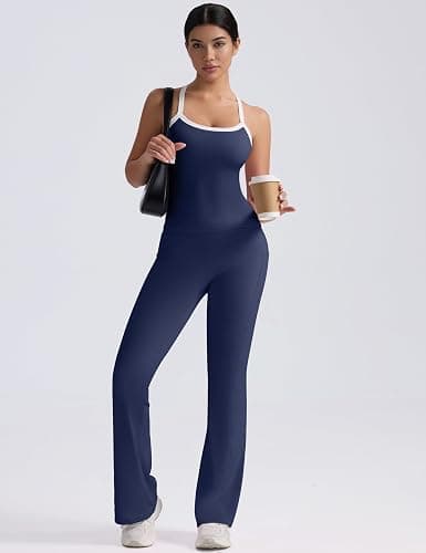 VVX Women 2 Piece Workout Sets High Waisted Flare Leggings with Pockets Matching Cross Back Tank Top with Contrast Trim thumbnail 6