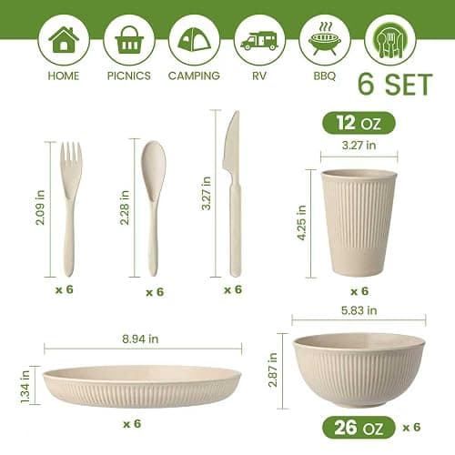 36-Piece Reusable Wheat Straw Dinnerware Sets for 6, Farielyn-X Unbreakable Reusable Set Kitchen Cups, Plates, Bowls Sets & Cultery Dishwasher Microwave Safe - Patio, Outdoors, RV, Camping Dishes thumbnail 3