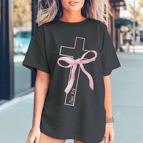 BINTEHGS Christian Faith Cross T Shirts for Women God Oversized Bow Graphic Tshirts Cute Tees Coquette Top for Teen Girls thumbnail 2