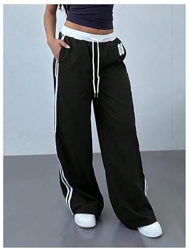 WDIRARA Women's Wide Leg Baggy Sweatpants Side Striped Number Graphic Track Pants with Pockets thumbnail 5