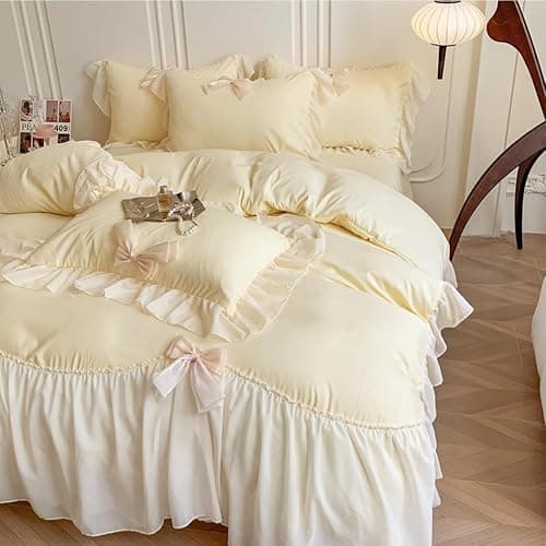 ❤️SOUKECHY Ruffled Bedding Bow Duvet Cover Set with Butterfly Tie, Full Comforter Cover Set, Shabby Chic Bedding Set,Romantic French Princess Style -Yellow,Full thumbnail 5