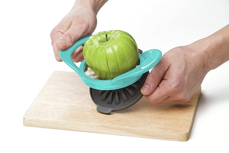 PrepWorks by Progressive Dishwasher Safe 16-Slice Thin Apple Slicer and Corer with Attached Safety Cover (Turquoise) thumbnail 2
