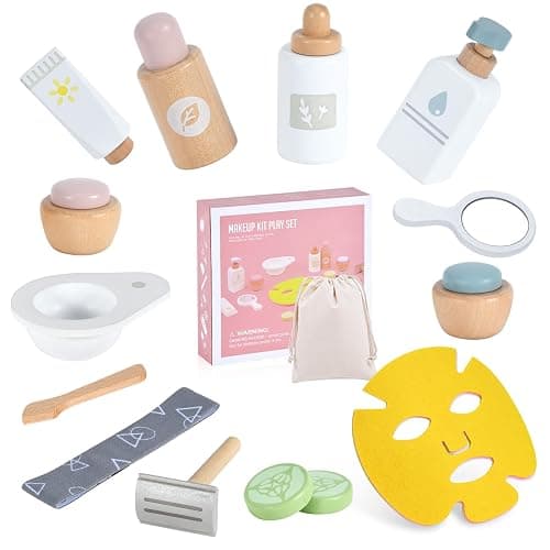 WHOHOLL Wooden Makeup Toy Set, Pretend Beauty Salon Toys Skin Care Learning Toys for Toddler, Daycare Toys Christmas Birthday Gift for 2 3 4 5+ Year Old Girls - Facial Cleanser, Mirror, Face Mask - Image 1